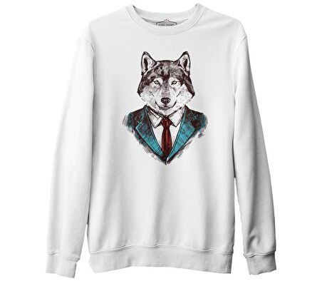 Mr. Wolf - Kurt Beyaz Erkek Kalın Sweatshirt