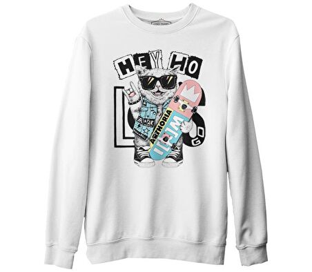 Rock Star - Kedi Beyaz Erkek Kalın Sweatshirt