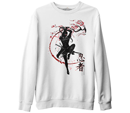 Japon Savaşçı - Rüzgar Beyaz Erkek Kalın Sweatshirt