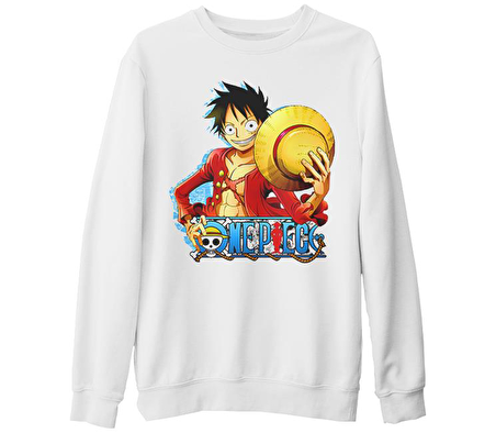 One Piece - Luffy Hat 2 Beyaz Kalın Sweatshirt