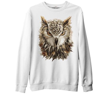 Hayvan - Vahşi Baykuş  Beyaz Erkek Kalın Sweatshirt
