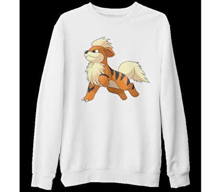 Pokemon - Growlithe Beyaz Kalın Sweatshirt