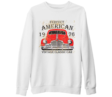 Amerikan Klasik Araba Beyaz Kalın Sweatshirt