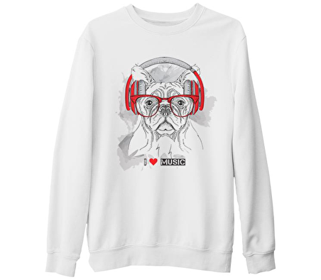 Köpek - Müzik Beyaz Kalın Sweatshirt