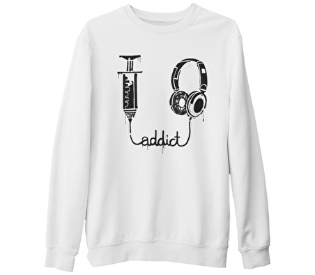 Müzik - Addict Beyaz Kalın Sweatshirt