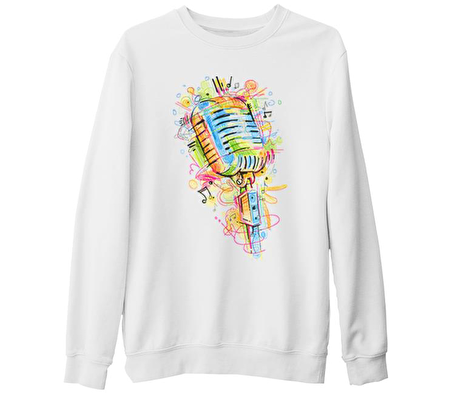 Mikrofon - Notalar Beyaz Kalın Sweatshirt