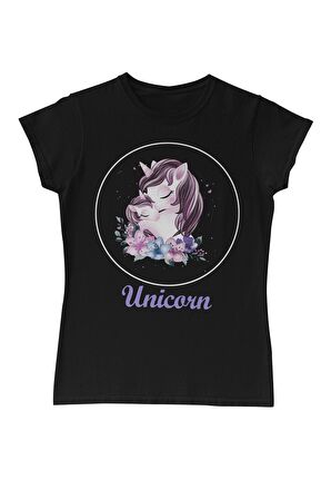 Unicorn Çiçek Anneler Günü Siyah Bayan Tshirt