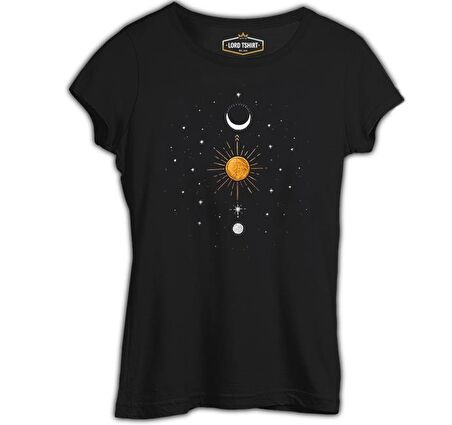 Güneş Ay ve Yıldızlar Siyah Bayan Tshirt