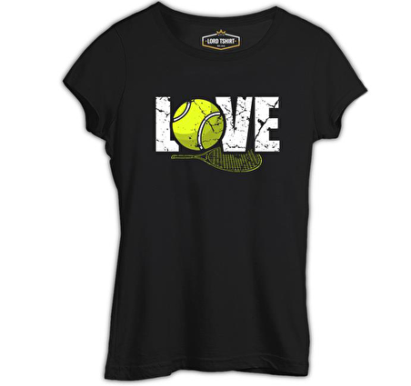 Tenis - Love Raket ve Top Siyah Bayan Tshirt