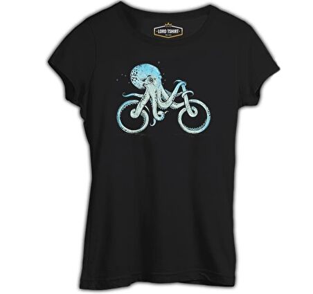 Hayvan - Ahtapot Bisiklet Siyah Bayan Tshirt