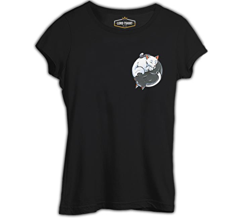 Hayvan - Yin Yang Kediler Logo Siyah Bayan Tshirt