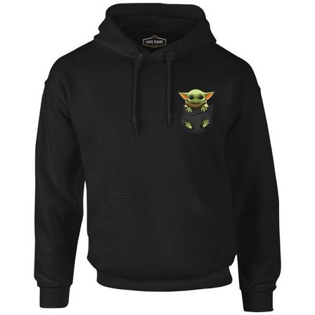 Baby Yoda - Pocket Siyah Erkek Fermuarsız Kapşonlu