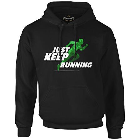 Just Keep Running Siyah Erkek Fermuarsız Kapşonlu