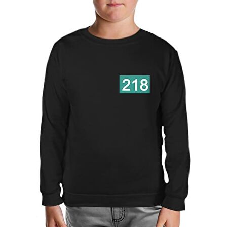 Squid Game-Number 218 Göğüs Logo Siyah Çocuk Sweatshirt