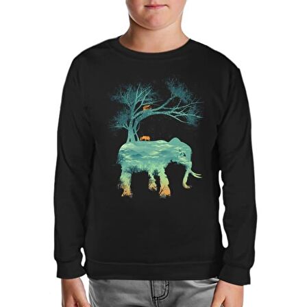 Doğa Macera Kamp Fil Siyah Çocuk Sweatshirt