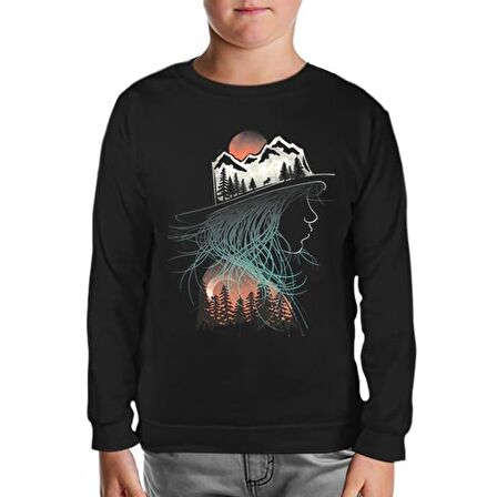 Doğa Macera Kamp Silüet Siyah Çocuk Sweatshirt
