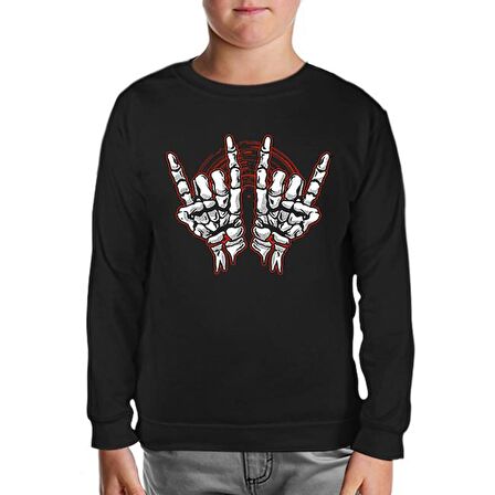 Skeleton Hands Making Rock Sign Siyah Çocuk Sweatshirt