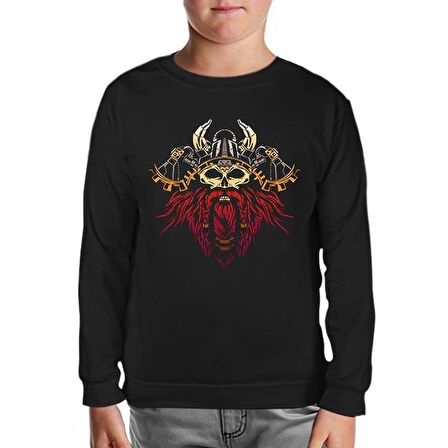 Viking Skull and His Axes Siyah Çocuk Sweatshirt