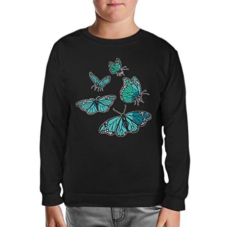 Turquoise Butterflies Siyah Çocuk Sweatshirt