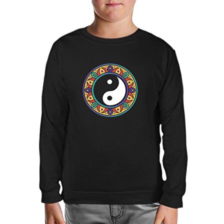 Yin Yan Symbol in the Middle of Mandala Design Siyah Çocuk Sweatshirt