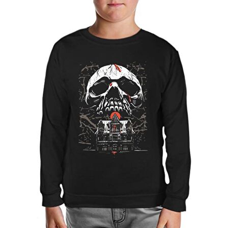 Skull over a Horror House Siyah Çocuk Sweatshirt