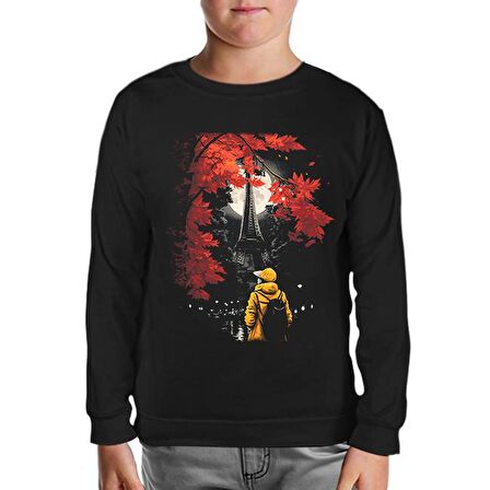 Girl with Yellow Coat Watching Eiffel Tower Siyah Çocuk Sweatshirt