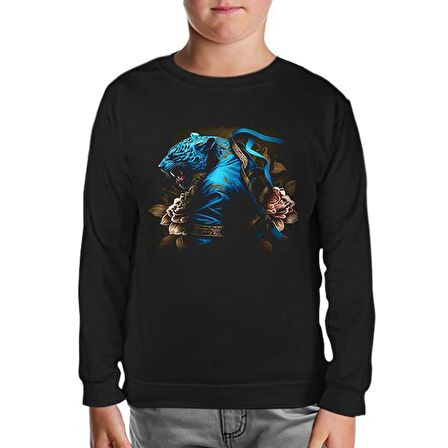 Blue Chinese Tiger with Flowers and Ribbon Siyah Çocuk Sweatshirt