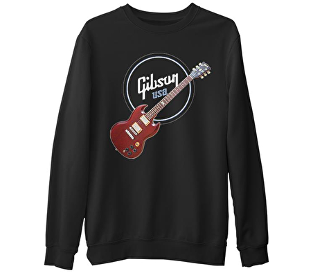 Gitar - Gibson - USA  Siyah Erkek Kalın Sweatshirt