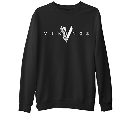 Vikings - Logo  Siyah Erkek Kalın Sweatshirt