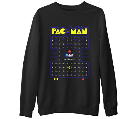Pac-Man - Get Ready Siyah Erkek Kalın Sweatshirt
