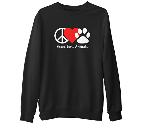 Peace Love Animals Siyah Erkek Kalın Sweatshirt