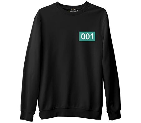 Squid Game-Number 001 Göğüs Logo Siyah Erkek Kalın Sweatshirt