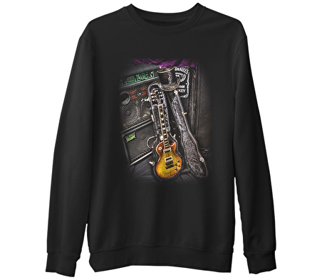 Müzik - Gitar  Siyah Erkek Kalın Sweatshirt