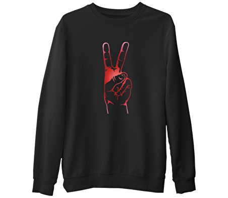 Zafer İşareti  Siyah Erkek Kalın Sweatshirt