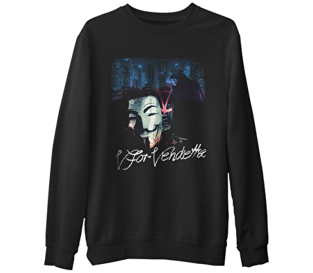 V for Vendetta  Siyah Erkek Kalın Sweatshirt