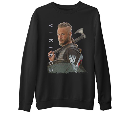Vikings - Ragnar  Siyah Erkek Kalın Sweatshirt