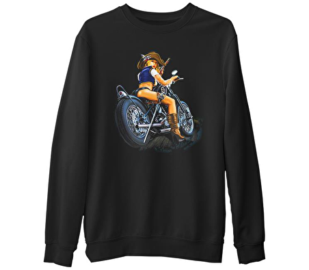 Motosiklet - Biker Girl  Siyah Erkek Kalın Sweatshirt