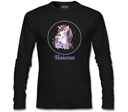 Unicorn Çiçek Anneler Günü Siyah Unisex Sweatshirt