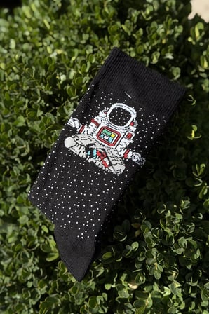 Unisex Astronot Desenli Siyah Soket Çorap