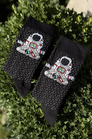 Unisex Astronot Desenli Siyah Soket Çorap
