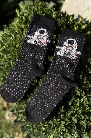 Unisex Astronot Desenli Siyah Soket Çorap