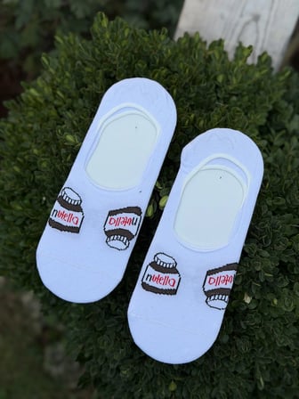 Unisex Nutella Kavanozu Desenli Beyaz Babet Çorap