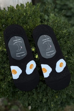 Unisex Sahanda Yumurta Desenli Siyah Babet Çorap