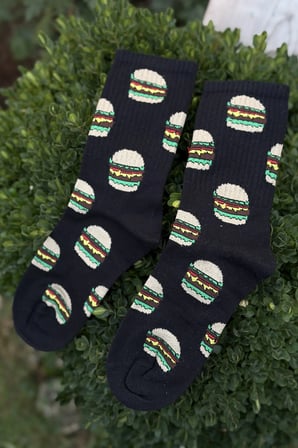 Unisex Hamburger Desenli Siyah Tenis Çorap