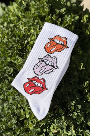 Unisex Dudak ve Dil Desenli Beyaz Tenis Çorap