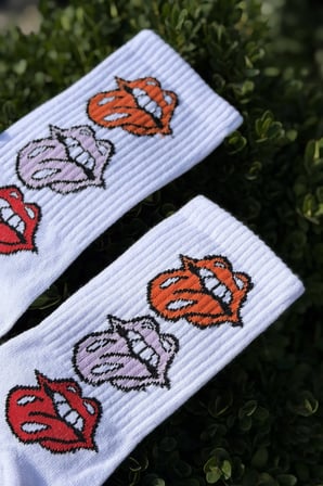 Unisex Dudak ve Dil Desenli Beyaz Tenis Çorap