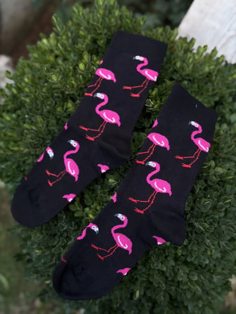 Unisex Flamingo Desenli Siyah Soket Çorap