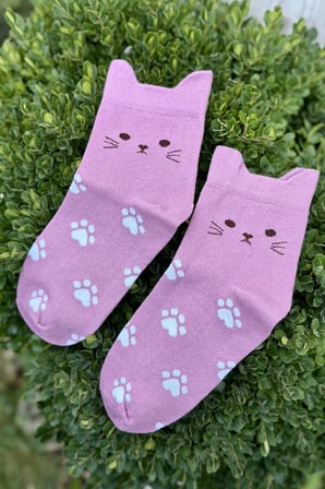 Unisex Kedi Kulaklı Pati Desenli Pembe Soket Çorap