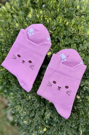 Unisex Kedi Kulaklı Pati Desenli Pembe Soket Çorap