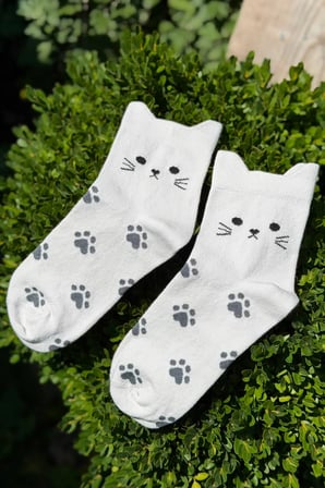 Unisex Kedi Kulaklı Pati Desenli Gri Melanj Soket Çorap